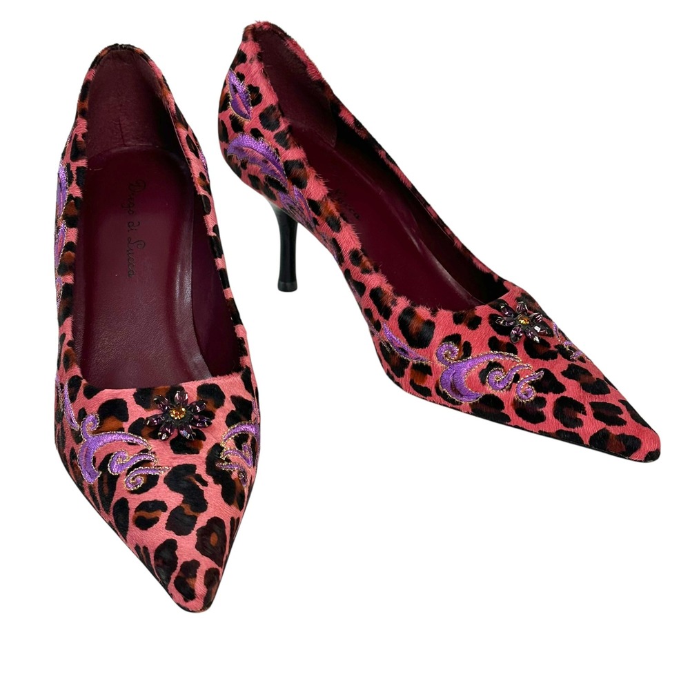 Diego di Lucca Pumps Pink‎ Leopard Calf Hair Embroidered Crystal Pointed Toe 8